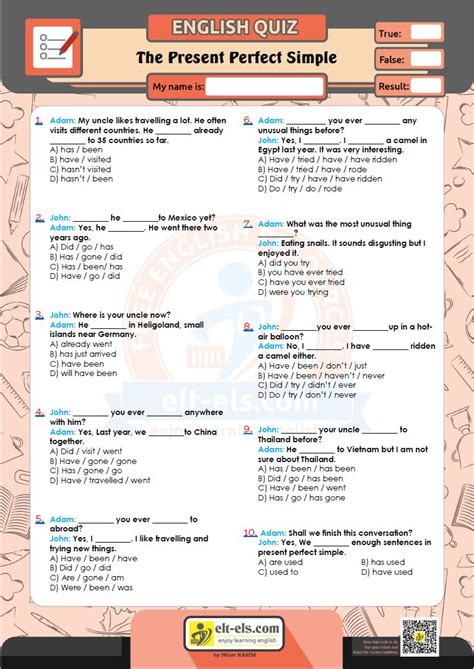 present perfect multiple choice pdf